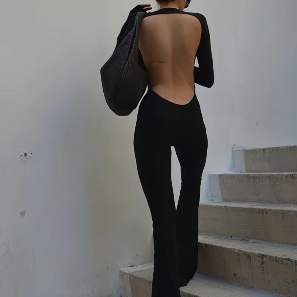 Black open back jumpsuit long sleeve